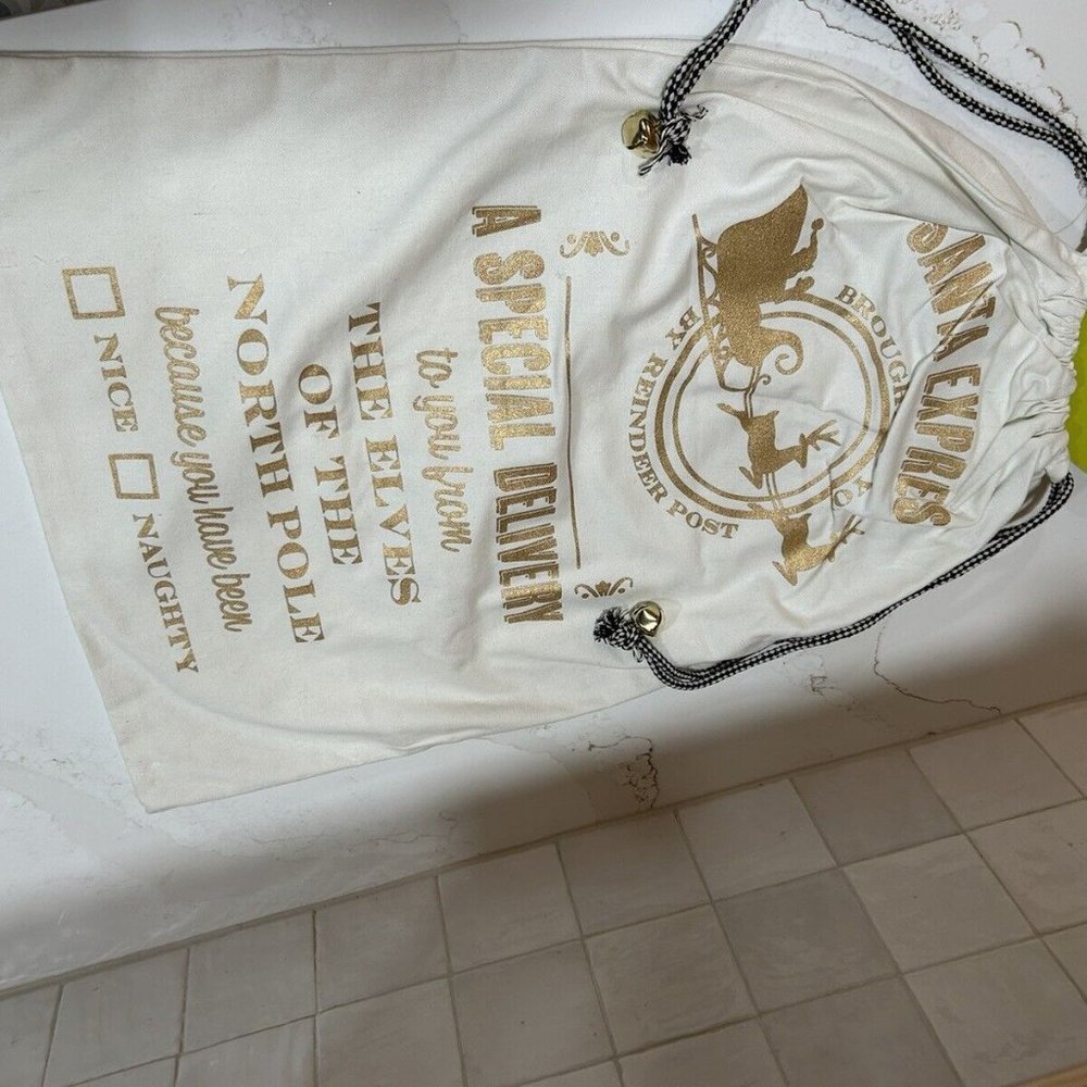 Gift Sack Santa NWT TIME SAVER WHITE AND GOLD with Jingle Bells Large 27”x19”